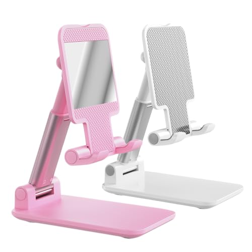 Phone Stand for Desk, Cell Phone Holder Cute Smart Cellphone Stand Foldable Stands Compatible with Under 8" Devices, Office Accessories, White-Pink - color: I-White-Pink