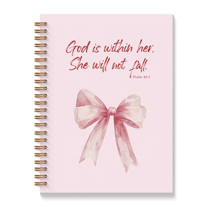 Pink Coquette Bow Christian Spiral Notebooks, God is Within Her She Will Not Fall Bible Journal, Religious Prayer Journal for Woman, Coquette Girly Office Supplies, 5.5x8.3 Inches - color: Coquette Bow Bible