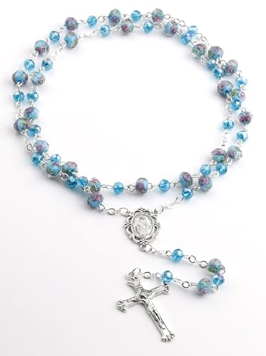 Murano Glass Rose Beads Catholic Virgin Mary Rosary Necklace Women - color: Lake Blue