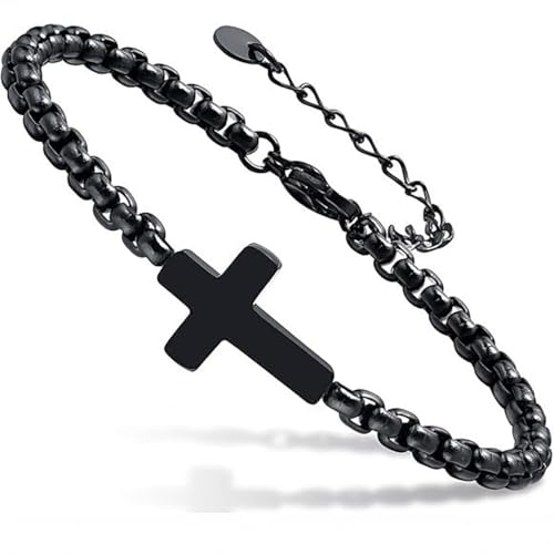 Gothic Cross Chain Bracelets for Men Women Vintage Silver Black Stainless Steel Cross Charm Bracelet Adjustable Minimalist Bracelet Christian Religious Jesus Confirmation Cool Jewelry - color: Black