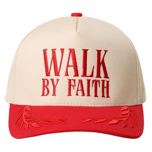MIRMARU Christian Theme 5 Panel Embroidered Cotton Trucker Hat with Inspirational Faith Sayings for Men and Women - color: Walk By Faith, Red