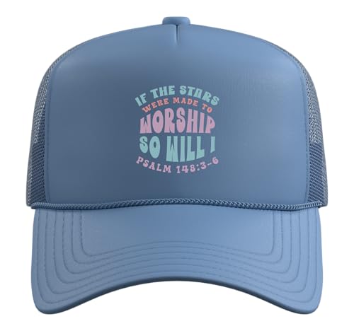 Christian Faith If Stars were Made to Worship Bible Verse Trucker Hat with Adjustable Mesh Back - color: Light Blue