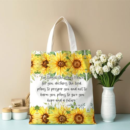 Positive Religious Christian Gifts Canvas Tote Bag for Women Christmas Birthday Cute Beach Reusable Grocery Bags - color: Jeremian 29 11 Sunflower