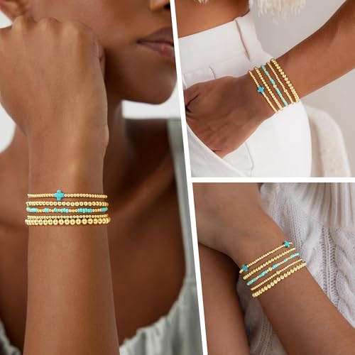 Turandoss 5PCS Gold Beaded Bracelets for Women Teen Girls, 14K Gold Plated - color: 5PCS Turquoise Cross Beaded Bracelets