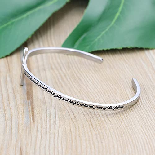 Memgift 𝐂𝐫𝐨𝐬𝐬 𝐁𝐫𝐚𝐜𝐞𝐥𝐞𝐭 Religious Cuff Bangle 𝐁𝐢𝐛𝐥𝐞 𝐕𝐞𝐫𝐬𝐞 Christian Gifts Jewelry for 𝐖𝐨𝐦𝐞𝐧 - style: 0.Silver cuff-She is clothed with strength... the future -Proverbs 31:25