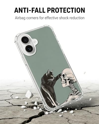 Cat and Skull Phone Case Compatible with iPhone 17, Hippie Creepy Black Cat and Skeleton Phone Cover for iPhone 17 - color: Cat and Skull