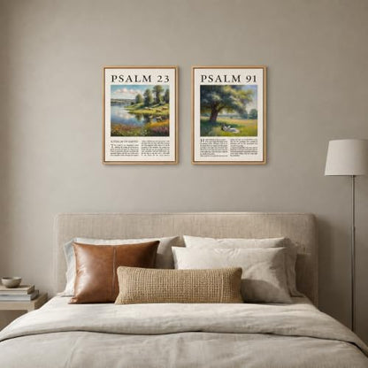 Religion Canvas Wall Art 2Pcs Framed Psalm Bible Verse Landscape 16x12 Inch
