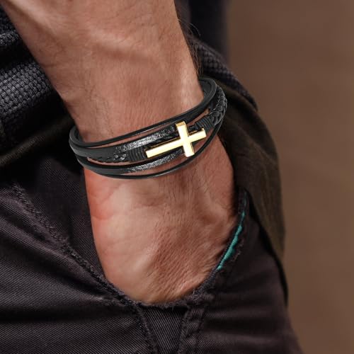 Leather Bracelet for Men Braided Stainless Steel Mens Bracelets - color: Black-GoldCross