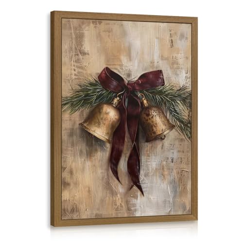 Dynazo Vintage Neutral Christmas Bow Bells Wall Art, Wood Framed 8x10 Inch - color: Bell, size: 10"L x 8"W