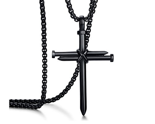 Men's Stainless Steel Nail Cross Pendant Necklace With 24 Inch Chain - color: Black