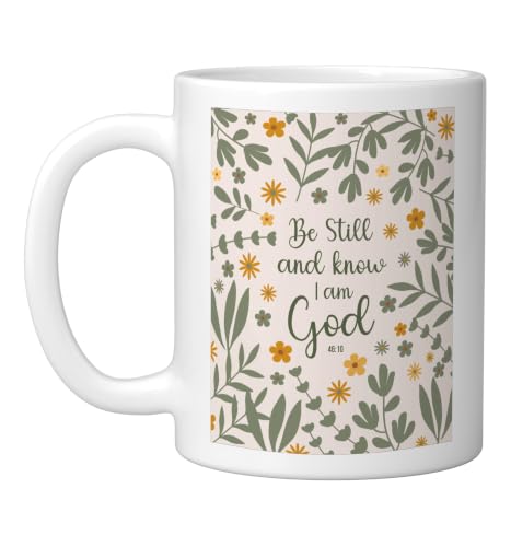 Be Still & Know That I Am God Psalm Bible Verse Floral Women Ceramic Mug, White, 11oz - color: White, size: 11 Ounces
