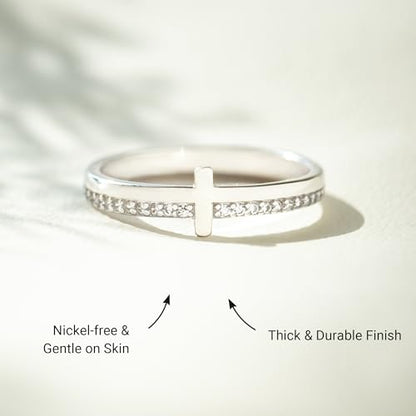 STORYJEWELLERY Cross Rings for Women, Purity Ring, Christian Ring, Christian Jewelry for Women, Confirmation Gifts, Baptism Gifts - color: Brass with White Gold Plating