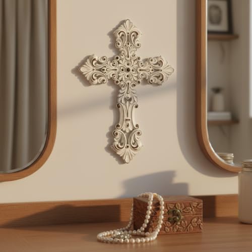 Comfy Hour 12 Inch Cross Wall Decor, White Floral Wall Cross