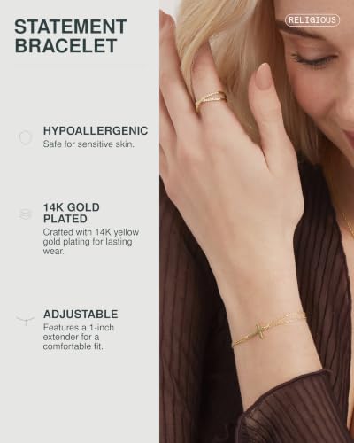 PAVOI 14K Gold Plated Sideways Cross Bracelet for Women, Religious Bracelet - style: Double Chain
