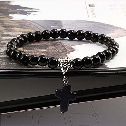 Softones 6mm Bead Cross Pendant Bracelet for Women Healing Stone Stretch Prayer Bracelet for Women,with Gift Box - color: Bright Black Matte