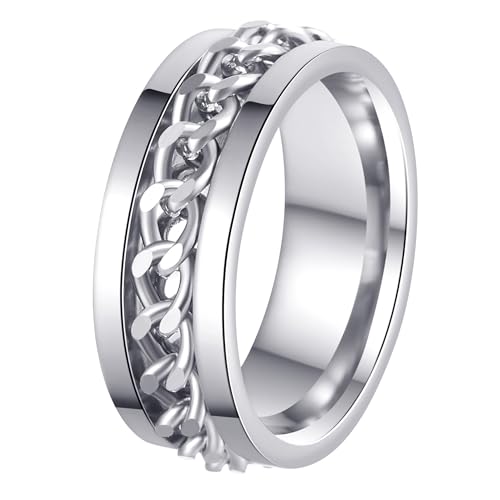 Mens Fidget Rings Anxiety Ring for Men 6mm 8mm Chain Spinner Ring Size 5-14 - color: Silver Silver