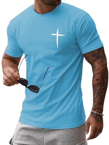 Mens Short Sleeve Cotton T-Shirts Crew Neck Jesus Cross Printed Shirts Faith Christ Shirts - color: Sky Blue, size: Medium