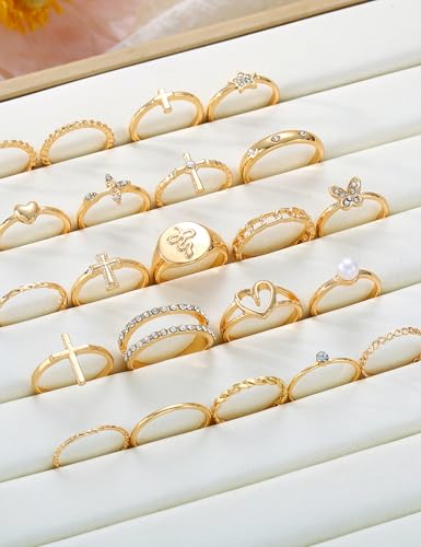 Gold Stackable Rings Set for Women, Gold Plated Chunky Crystal Finger Rings - color: Gold Heart