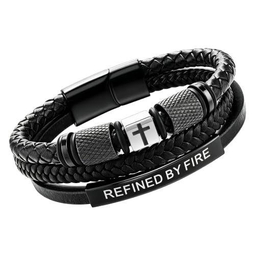 Leather Cross Bracelet for Men, Inspirational Christian Bracelet - color: REFINED BY FIRE
