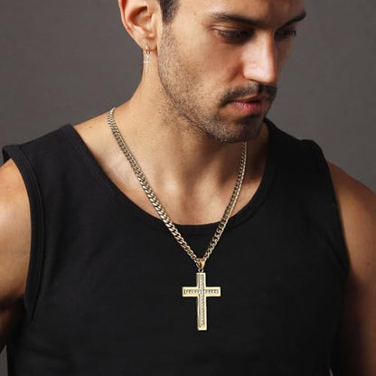 HZMAN Cross Necklace for Men Stainless Steel Cross with Cubic Zirconia Inlay Pendant Necklace with 7mm Cuban Chain 24In - color: Gold