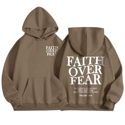 Wrenpies Faith Over Fear Hoodie for Women Christian Jesus Bible Verse Sweatshirt God Religious Oversized Tops - color: Coffee, size: Medium