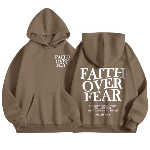 Wrenpies Faith Over Fear Hoodie for Women Christian Jesus Bible Verse Sweatshirt God Religious Oversized Tops - color: Coffee, size: X-Large