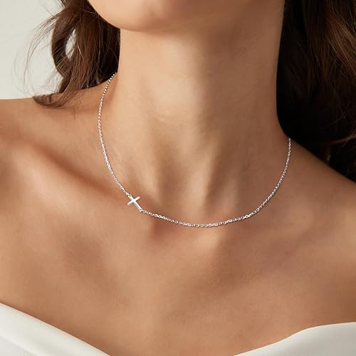 AllenCOCO Sterling Silver Cross Necklace for Women, 14K Gold or Silver Dainty Small Cross Pendant Choker Simple Trendy Cute Cross Charm Chain Easter Baptism Religious Faith Jewelry Gift - color: Sideways Cross-Silver