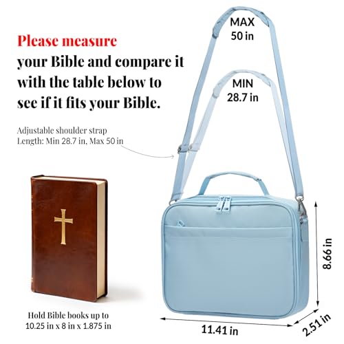 SUNEE Bible Cover for Women, Large Bible Bag w/Shoulder Strap Carrying Book Case w/Pen Slots and Zippered Pocket, Gift for Women & Men, Blue