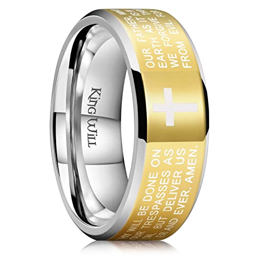 King Will Stainless Steel Men Ring Lord's Prayer Cross Ring Stainless Steel Men Wedding Ring, Wedding Band Bible Engraved Rings High Polished, Comfort Fit - color: gold polish