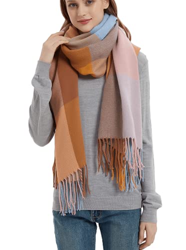 Wander Agio Women's Fashion Long Shawl Big Grid Winter Warm Lattice Large Scarf - color: Big Camel Pink 7
