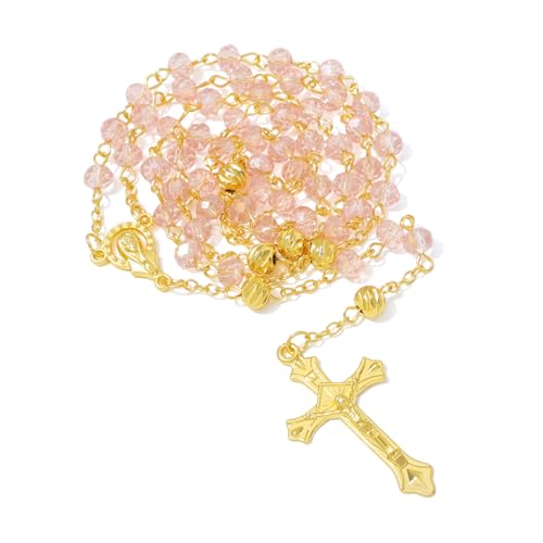 KOMI Crystal Rosary Beads with Jesus Crucifix, Catholic Necklace for Women First Communion Rosarios Wedding Rosary with Velvet Bag - style: 6MM-Pink-2