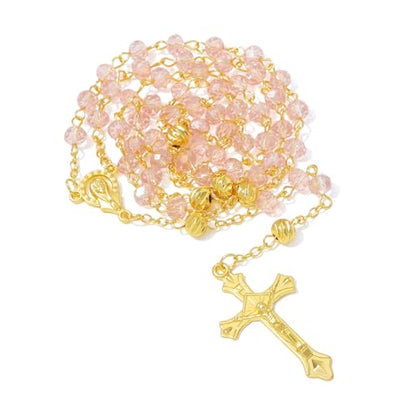 KOMI Crystal Rosary Beads with Jesus Crucifix, Catholic Necklace for Women First Communion Rosarios Wedding Rosary with Velvet Bag - style: 6MM-Pink-2