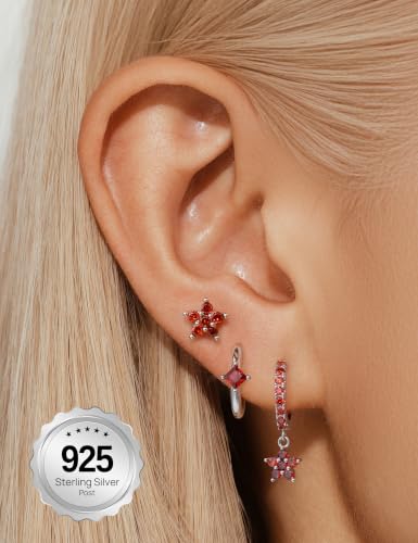 Angelady Gold Hoop Earrings Set for Women, Dainty 14K Gold Plated Flower Moon Cross Dangle Earrings, Hypoallergenic Huggie Hoop Earring Stacks, Stud Earrings for Women Trendy Jewelry Gift - color: Silver Red CZ
