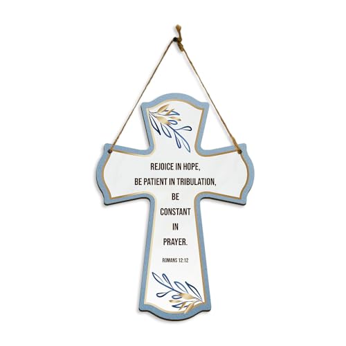 Rejoice in hope, be patient in tribulation, be constant in prayer. Romans 12:12 11.5" x 8" Cross Hanging Sign | Rustic Twine | Inspiring Religious Bible Decor
