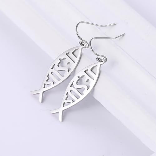 Ichthus Fish Dangle Earrings Ichthus Cross Earrings Christian Jesus Fish Earrings Religious Jewelry Christian Symbols Accessories Gift for Women - color: Ichthus silver