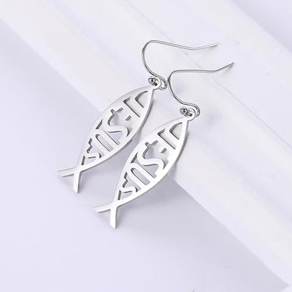 Ichthus Fish Dangle Earrings Ichthus Cross Earrings Christian Jesus Fish Earrings Religious Jewelry Christian Symbols Accessories Gift for Women - color: Ichthus silver