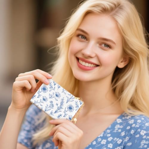 Blue Flower Keychain Coin Purse for Women, Small Change Pouch - color: Abstract Blue Flower