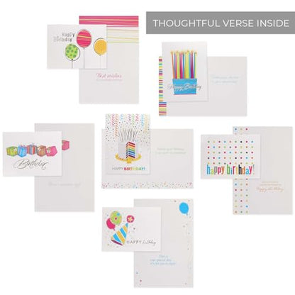 Masterpiece Silver Foil Colorful Happy Birthday Cards / 24 Birthday Cards With White Envelopes In Storage Box / Shiny Silver Foil Card Design Accents / 4 5/8" x 6 1/4" Folded Greeting Cards With Inside Verses / 6 Festive Modern Designs - color: Silver Foi