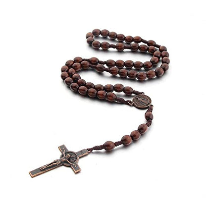 tenghong2021 Wooden Christian Catholic Rosaries Necklace Prayer Beads Holy Cross Catholic Wood for Men Women Pastor - color: Dark Brown
