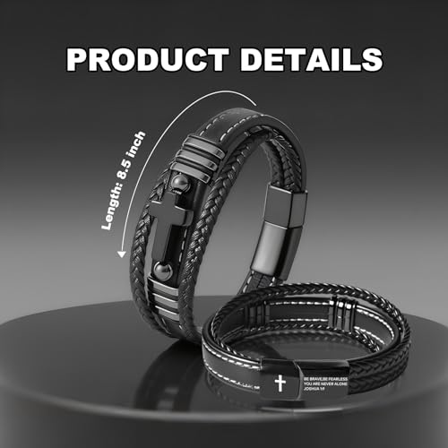 Men's Leather Faith Cross Bracelets, Multi-Layer Braided Leather Wristband Bangle, Jesus Catholic Christian Religious Jewelry Gifts for Dad,Friends,Brother - style: Joshua 1:9