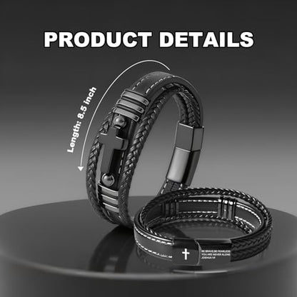 Men's Leather Faith Cross Bracelets, Multi-Layer Braided Leather Wristband Bangle, Jesus Catholic Christian Religious Jewelry Gifts for Dad,Friends,Brother - style: Joshua 1:9