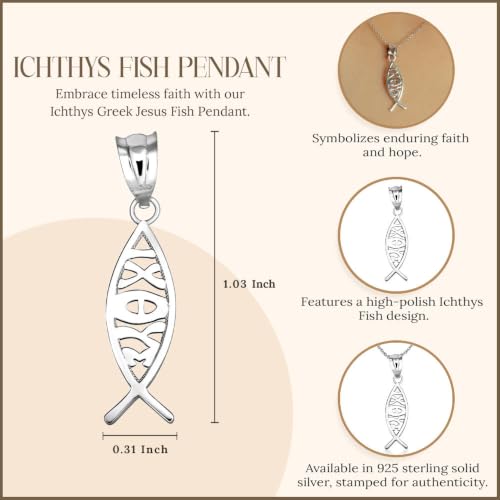 Claddagh Gold 925 Sterling Silver Ichthus Ichthys Christian Vertical Fish Pendant Necklace | Choice of Pendant Only or Necklace Length - size: Pendant only