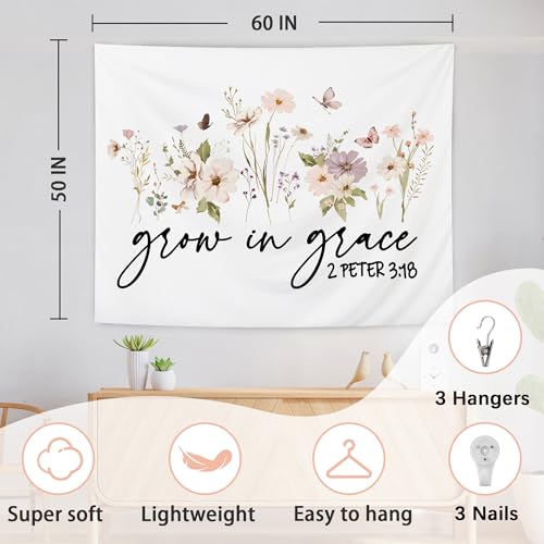 AQYIP Floral Christian Tapestry, Grow in Grace Butterfly Wildflowers Floral Tapestry, Bible Verse Wall Blanket Decor for Home Living Room Bedroom, 50x60 Inch - color: 3 - grow in grace