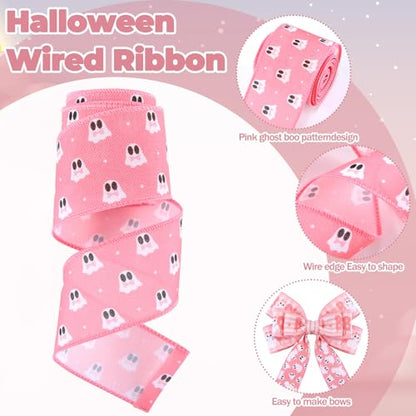 12 Rolls 60 Yards Pink Ghost Halloween Wired Ribbon for Wreath Bow - style: Pink Ghost