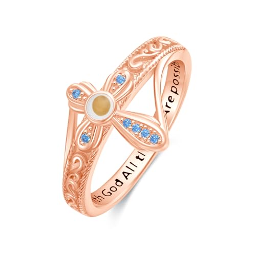 AOBOCO Cross Ring with Mustard Seed 925 Sterling Silver With God All Things Are Possible Band Rings, Size 4-13 - color: Silver Plated with Rose Gold