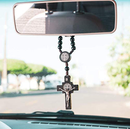 Car Rearview Mirror Rosary Decade Crucifix Ornament - Made in Brazil (St Benedict - Black) - style: St Benedict - Black