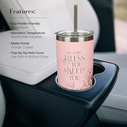 Christian Art Gifts Reusable Stainless Steel Scripture Travel Mug Tumbler - color: Pink/Lord Bless You