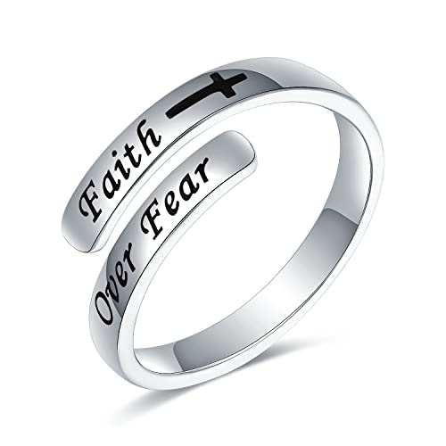 STROLLGIRL 925 Sterling Silver Faith over Fear Ring Faith Religious Jewelry Quote Ring Friend Daughter Gifts
