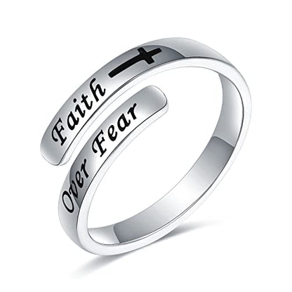STROLLGIRL 925 Sterling Silver Faith over Fear Ring Faith Religious Jewelry Quote Ring Friend Daughter Gifts