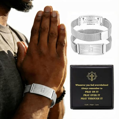 RINHOO Men's American Flag Cross Bracelet Bible Verse Stainless Steel - style: Silver-Joshua 1:9